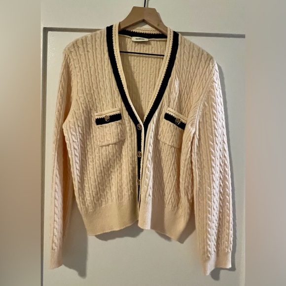 Sandro Ivory and Black Textured Cardigan Gold Buttons Size 3 / L - Picture 1 of 5